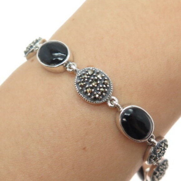 925 Sterling Silver Vintage Real Black Onyx & Marcasite Oxidized Bracelet 7.5